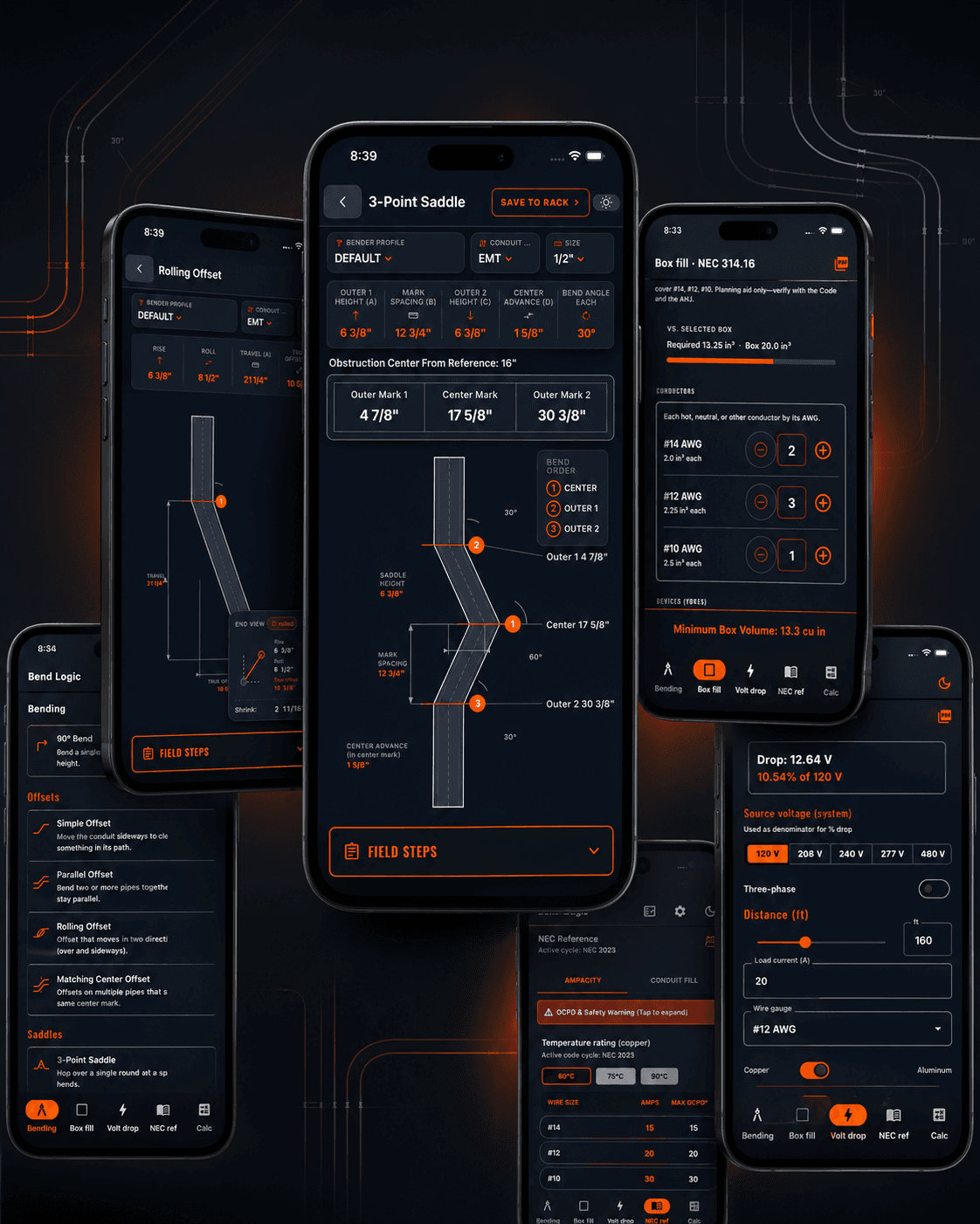 BendLogic conduit bending calculator app shown on three phones