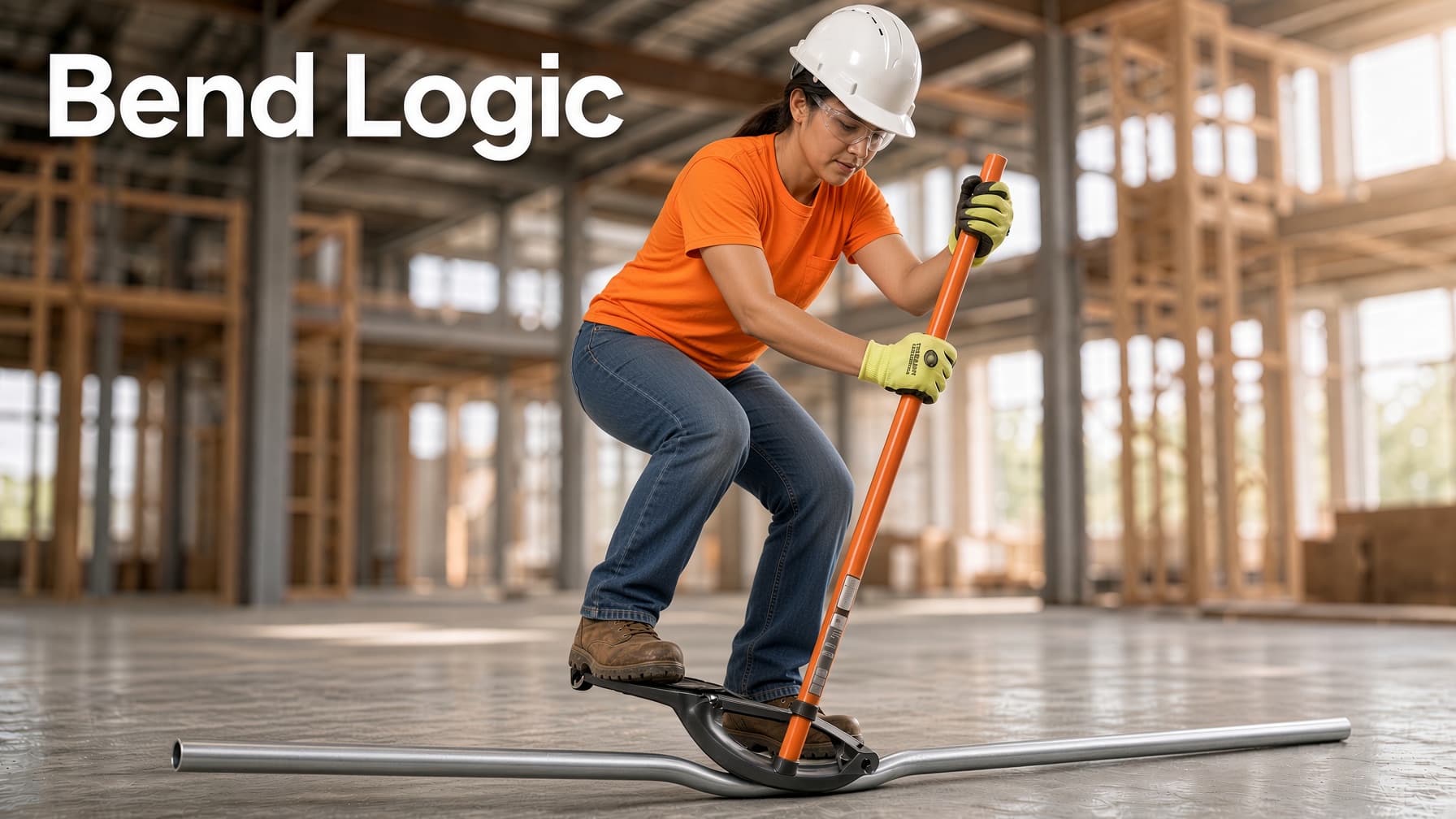 A woman wearing a hard hat and gloves bends conduit with a manual bender